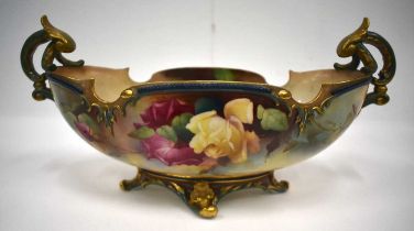 Royal Worcester twin-handled vase of boat shape no 254, painted with pink and yellow roses date mark