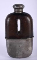 AN ANTIQUE JAMES DIXON AND SONS SILVER PLATED LEATHER HIP FLASK. 12.75 cm x 6.75 cm.