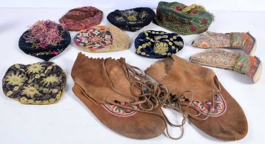 A collection of South East Asian embroidered Songkok Traditional hats together with 2 pairs of