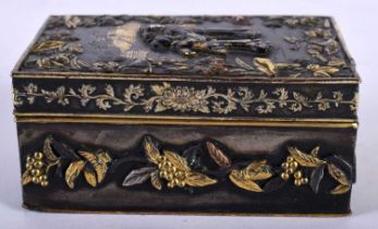 A SMALL 19TH CENTURY JAPANESE MEIJI PERIOD GOLD ONLAID BRONZE BOX decorative in relief with figures,
