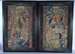 A GOOD PAIR OF 16TH/17TH CENTURY EMBROIDERED BRUSSELS TAPESTRY PANELS depicting figures within