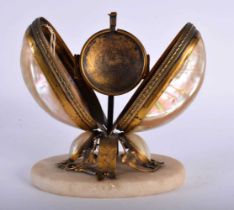 A 19TH CENTURY FRENCH PALAIS ROYALE SHELL AND GILT METAL POCKET WATCH HOLDER. 15 cm x 12 cm open.