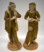 Royal Worcester figures of musicians modelled by James Hadley, a lady playing the mandolin, the