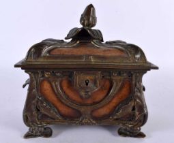 A FINE ART NOUVEAU FRENCH ART NOUVEAU BRONZE AND LEATHER CASKET signed RS, wonderfully formed with