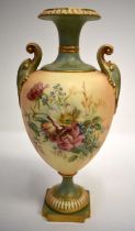Royal Worcester blush ivory vase shape 1969 enamelled with flowers, date mark for 1901. 30cm high