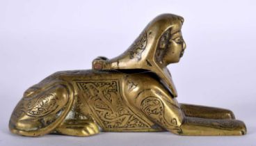 AN ANTIQUE EGYPTIAN REVIVAL BRONZE SPHINX INKWELL AND COVER. 732 grams. 14 cm x 7 cm.
