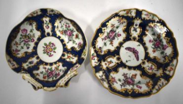 18th century Worcester shell shaped dish painted with flower on a blue scale ground and a similar