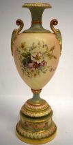 Royal Worcester blush ivory vase shape 1969 on a rare pedestal base enamelled with flowers, date