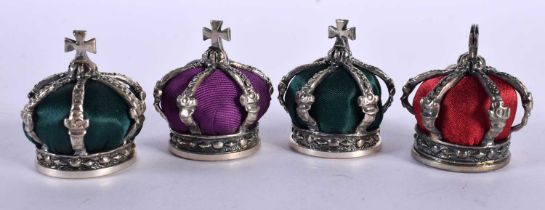 Four Faberge Crown Pin Cushions.. Stamped Farerge 925, 3.5cm x 3.5cm x 3.5cm, total weight 93.7g (