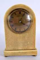 A LOVELY ART DECO ENGLISH MAPPIN & WEBB HUMP BACK SHAGREEN MANTEL CLOCK with circular brass dial.