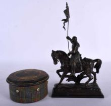 AN ANTIQUE SCOTTISH TARTANWARE STRING BOX AND COVER together with an antique French spelter figure