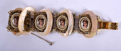 A Mother of Pearl and Cameo Bracelet. 17cm x 4.5cm, weight 43g