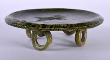 A Chinese Tang Style Censer with Green Marbleised Decoration and Ring Feet. 10cm x 2.8cm, weight