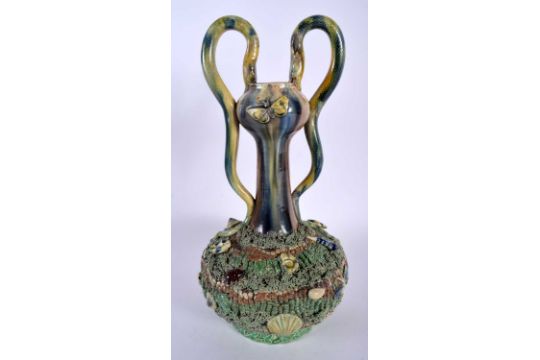 AN UNUSUAL 19TH CENTURY PORTUGUESE MAJOLICA SERPENT VASE Maffra or Palissy. 29 cm high. - Image 3 of 5