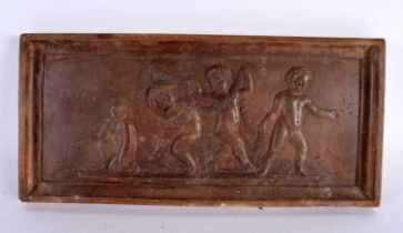 A 19TH CENTURY EUROPEAN CARVED RECTANGULAR TERRACOTTA PANEL depicting four putti in various