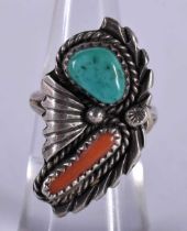 A Silver,Turquoise and Coral Ring. Size N, weight 5.35g