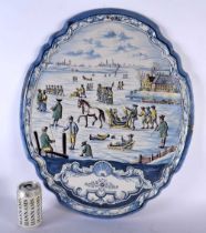 A VERY LARGE 18TH/19TH CENTURY DUTCH DELFT FAIENCE POTTERY TILE painted with a ski scene. 56 cm x 46