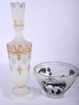 A LARGE LATE VICTORIAN OPALINE GLASS VASE together with an art deco cut glass bowl, painted with