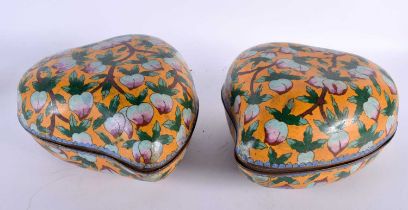 A LARGE PAIR OF EARLY 20TH CENTURY CHINESE CLOISONNE ENAMEL PEACH BOXES AND COVERS Late Qing/