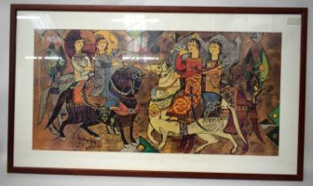 After Sadegh Tabrizi (20th Century) Print, Figures on horseback. 110 cm x 55 cm.