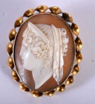 A Victorian Antique Gold Mounted Cameo Shell Brooch. Carved with a Classical Bust. 2.8cm x 2.5cm,