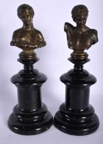 A PAIR OF MID 19TH CENTURY FRENCH BRONZE AND MARBLE GRAND TOUR BUSTS. 21 cm high.