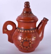 A TURKISH TOPHANE POTTERY COFFEE POT AND COVER painted with gilt motifs. 18 cm x 13 cm.