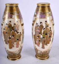 A PAIR OF LATE 19TH CENTURY JAPANESE MEIJI PERIOD SATSUMA CONICAL FORM VASES painted with geisha