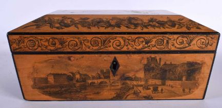 AN EARLY VICTORIAN PEN WORK JEWELLERY BOX depicting flowers and landscapes. 18 cm x 8 cm.
