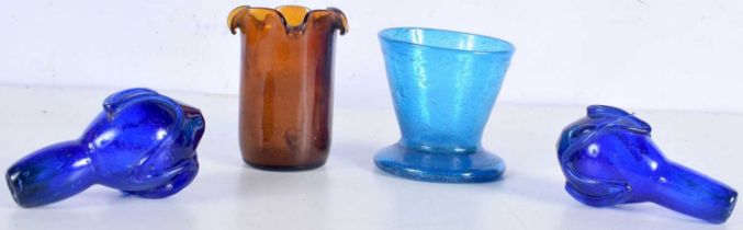 A hand blown glass beaker together with 3 other glass items largest 8 cm (4)