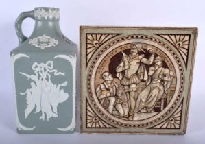 AN ARTS AND CRAFTS MINTON POTTERY TILE together with 19th century salt glazed dead game flask.