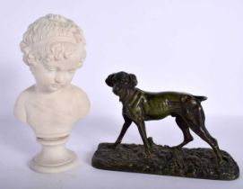 AN ANTIQUE PARIAN WARE BUST OF A BOY together with a painted figure of a hound. Largest 16 cm