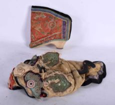 A 19TH CENTURY CHINESE SILK EMBROIDERED ANIMAL HAT Qing, together with a Late Qing silk shoe. 27