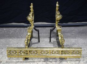 A French Brass Fire fender with antique fire dogs together with a brass fire screen 9 x 58 cm.