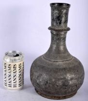 A LARGE 17TH/18TH CENTURY MIDDLE EASTERN SILVERED ALLOY BULBOUS VASE decorative with a banding of