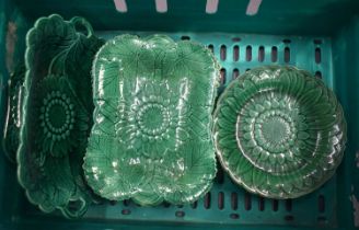 A COLLECTION OF FOURTEEN 19TH CENTURY WEDGWOOD GREEN CABBAGE WARE TYPE DISHES etc. Largest 28 cm
