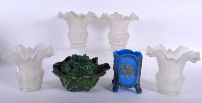 FOUR EDWARDIAN GLASS LAMP SHADES and a Cabbage glass bowl & over together with spill vase. Largest