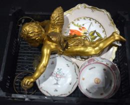 A GILDED CHERUB HANGING LUSTRE LAMP together with Chinese porcelain and a Spode dish. Largest 30