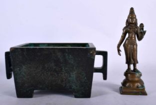 AN ANTIQUE INDIAN BRONZE FIGURE (PROBABLY PARVATI) together with a twin handled Chinese bronze