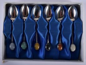 A Cased Set of Six Silver Coffee Spoons with Hardstone Finials. Stamped Sterling, Spoons 10.1cm x