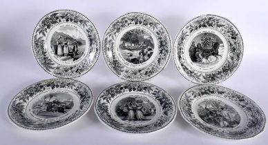 A SET OF SIX 19TH CENTURY FRENCH BLACK AND WHITE MONTEREAU PLATES. 19 cm wide. (6)