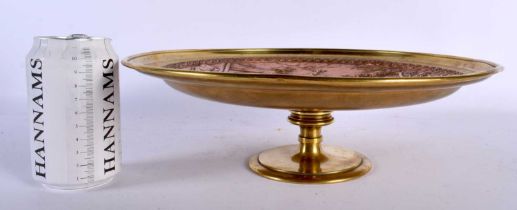 A LARGE 19TH CENTURY ENGLISH COPPER AND BRONZE PEDESTAL DISh depicting classical scenes and