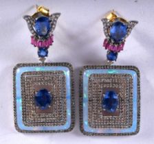A Pair of Gold, Silver, Diamond, Sapphire, Opal and Ruby Earrings. Drop 4.4cm, weight 16.29g