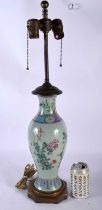 A LARGE 19TH CENTURY CHINESE CELADON FAMILLE ROSE LAMP painted with flowers. 58 cm high.