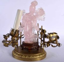 A 19TH CENTURY CHINESE CARVED ROSE QUARTZ COUNTRY HOUSE LAMP Qing. 27 cm x 17 cm.