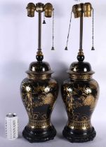 A LARGE A PAIR OF CHINESE REPUBLICAN PERIOD GILT PAINTED BLACK MONOCHROME LAMPS . 60 cm high.