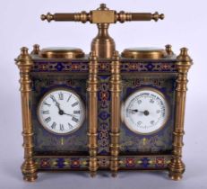 A Mini Cloisonne Carriage Clock with Barometer. 10cm x 12.5cm x 5.4cm, Running