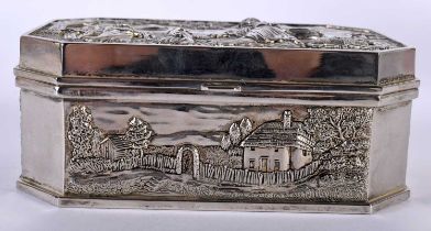 A CONTINENTAL WHITE METAL BOX decorative in relief with figures. 835 grams. 15.5 cm x 11 cm.