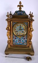 A GOOD 19TH CENTURY FRENCH CHAMPLEVE ENAMEL BRONZE MANTEL CLOCK Reed & Sons, the case in the