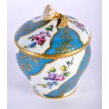Sevres sucrier and cover painted with scrolling panels of alternating white and turquoise, the